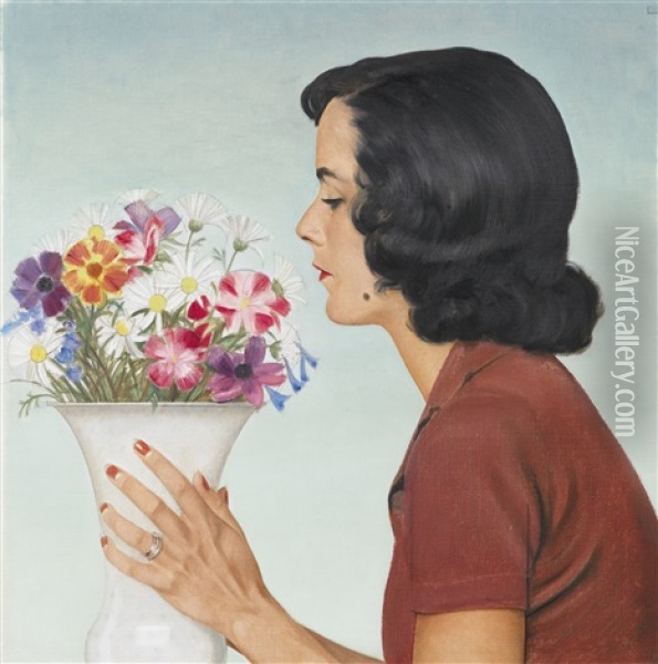 Le Bouquet Ou Mrs. Gilbert Kahn Oil Painting - Bernard Boutet De Monvel