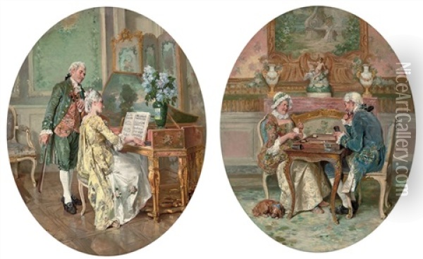 Music Practice (+ Backgammon; Pair) Oil Painting - Francois Adolphe Grison