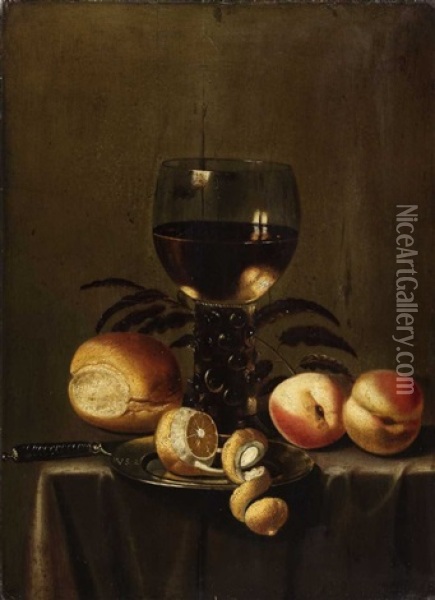 Still Life With Wine Glass, Bread, Lemon And Peaches Oil Painting -  Monogrammist V.S.Z.