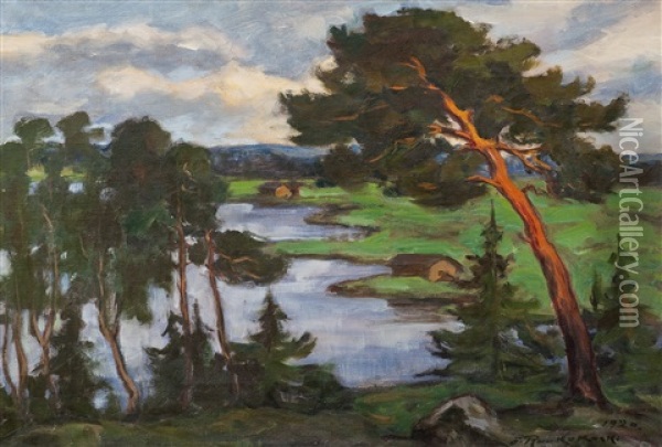 View Over The Lake Oil Painting - Jalmari Ruokokoski