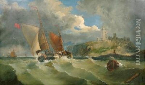 A Breezy Day Off Dunstanbro' Castle Oil Painting - John Callow