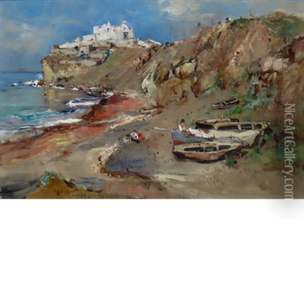 Coastal Fishing Village Oil Painting - Giuseppe Casciaro