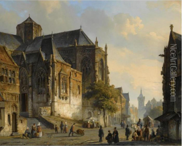 Figures On A Market Square In A Dutch Town Oil Painting - Cornelis Springer