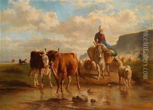 (sevres 1810-1865 Paris) Hirtenpaar Mitmaultier, Kuhen Und Schafen Oil Painting - Constant Troyon