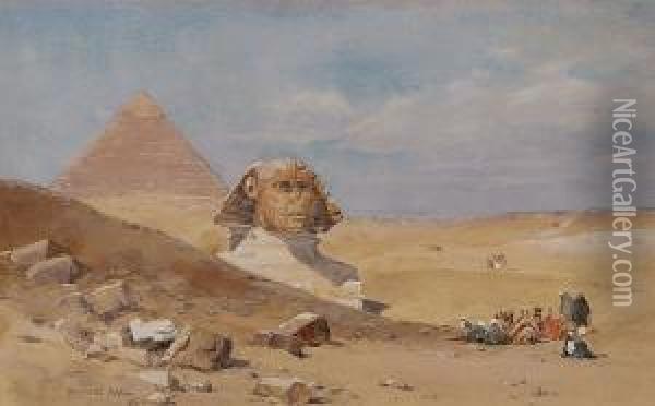 Figures And Camels Resting Beside The Sphinx, '93 Oil Painting - Wilfred Williams Ball