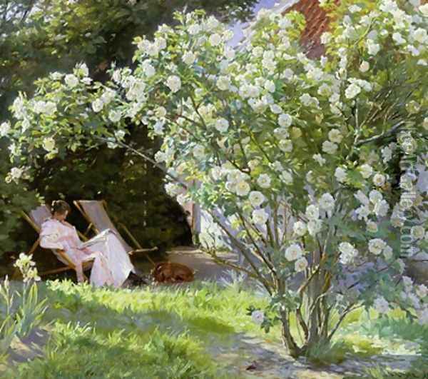 Roses or The Artists Wife in the Garden at Skagen Oil Painting - Peder Severin Kroyer