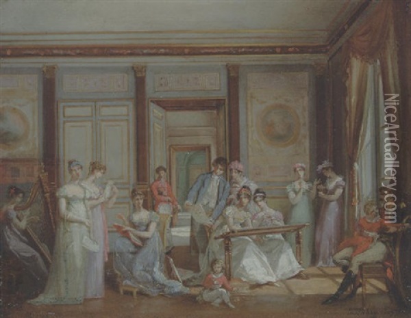 A Neoclassical Salon With Ladies Making Entertainment Oil Painting - Jean-Baptiste Isabey