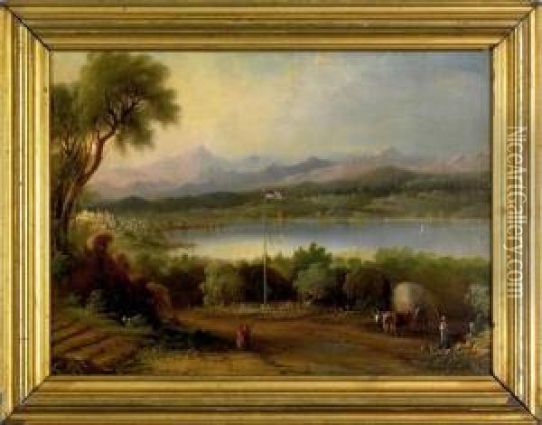 Oil On Canvas View Of Meredith Oil Painting - Edmund C. Coates