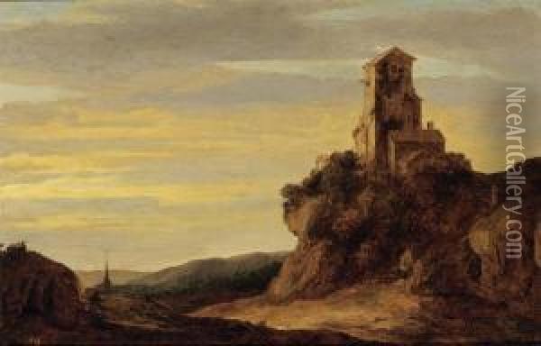 Landscape With Figures Walking 
On A Path Towards A Ruin On A Hill A Church 
Tower In The Background Oil Painting - Pieter De Molijn