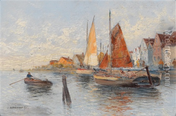 Sailing Boats By The Pier Oil Painting - Georg Fischhof