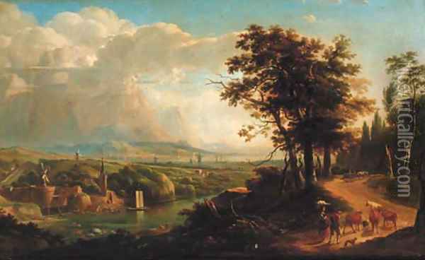 A drover with cattle on wooded track in a capriccio landscape Oil Painting - Dutch School