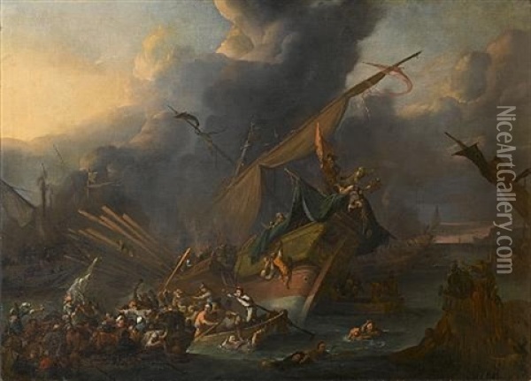 A Naval Battle Between Turks And Christians (lepanto?) Oil Painting - Johannes Lingelbach