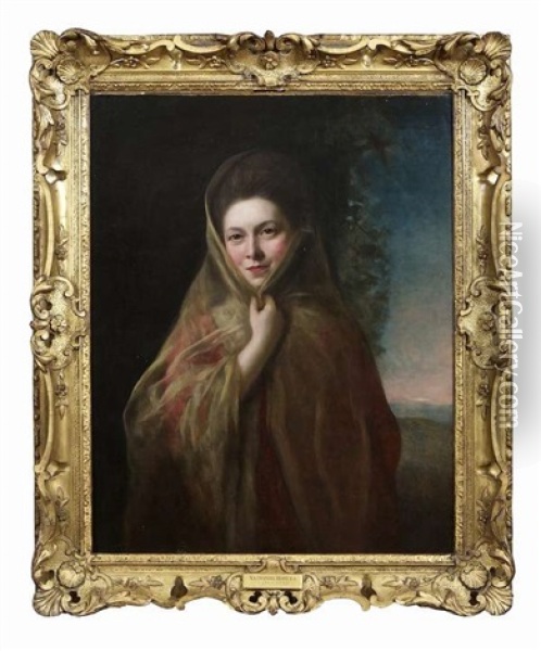 Half-length Portrait Of A Lady, Wearing A Shawl, Sunset Landscape In The Distance Oil Painting - Nathaniel Hone the Elder