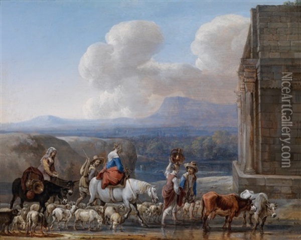 Schafer Und Reisende In Der Romischen Campagna Vor Einem Triumphbogen Oil Painting - Jan van den Hecke the Elder