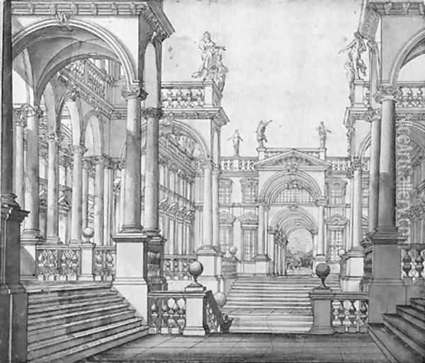 The courtyard of a palace with porticos surmounted by statues design for the stage Oil Painting - Giuseppe Galli Bibiena