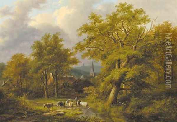A wooded landscape with a herdsman with flock Oil Painting - Jan Evert Morel