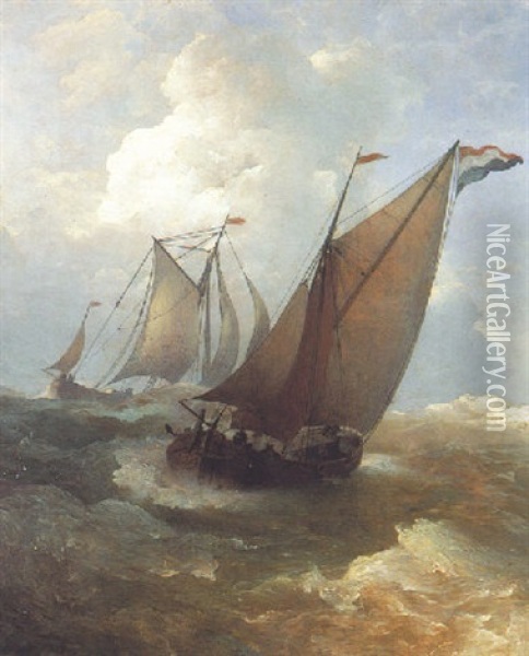 Zwei Hollandische Fischerboote In Sturmischer See Oil Painting - Andreas Achenbach