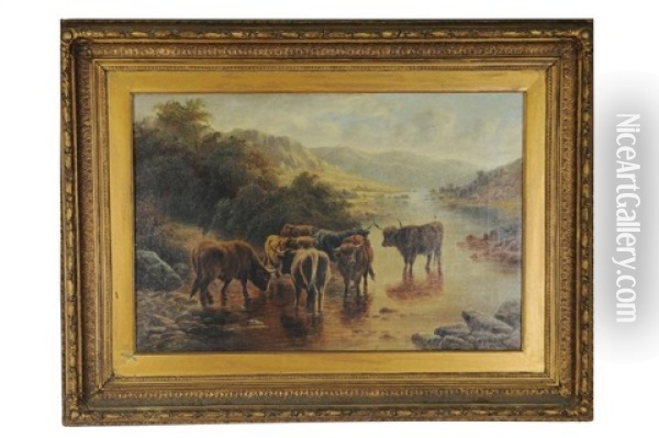 Louis B. Hurt Oil Of Highland Cattle Oil Painting - Louis Bosworth Hurt