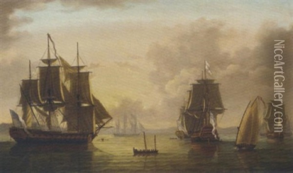 A Squadron Of The White Lying At Anchor And Drying Their Sails In Gibraltar Bay Oil Painting - Thomas Yates