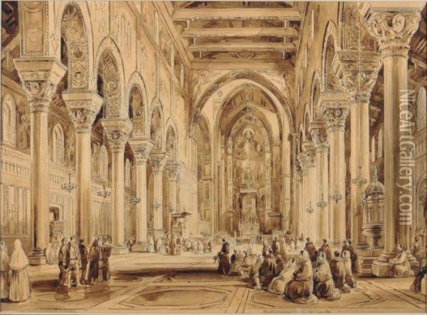 Vue De La Cathedrale De Monreale En Sicile Lavis Oil Painting - Achille Vianelli