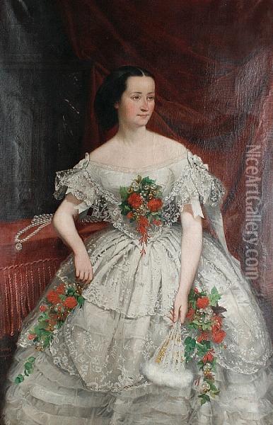 A Three-quarter Length Portrait Of A Woman Ina Lace Ballgown Applied With Flowers Oil Painting - Joseph Hussenot