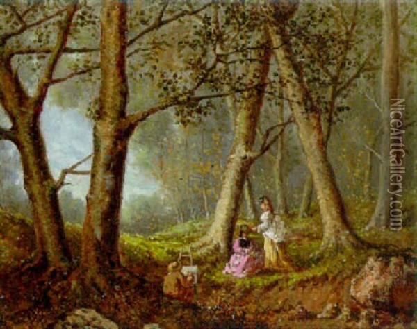 Elegant Ladies In A Woodland Landscape Oil Painting - Lucien Simonnet