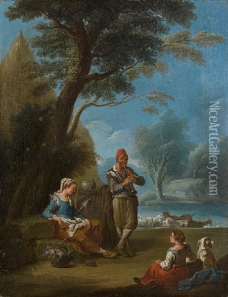 An Italianate Landscape With Peasants Making Music Oil Painting - Paolo Monaldi