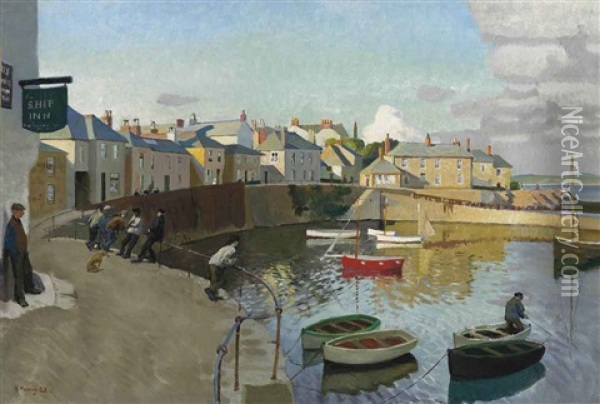 Mousehole Harbour, Cornwall Oil Painting - Harold Harvey