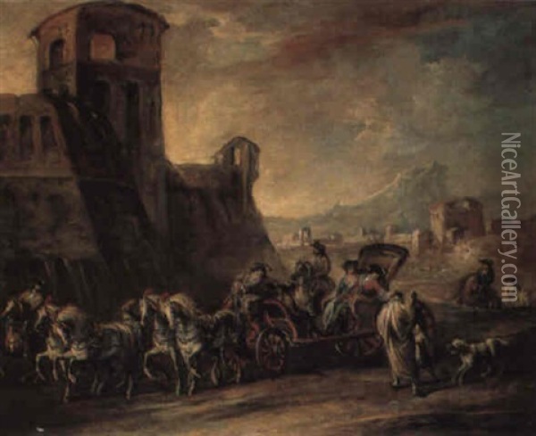 Elegant Figures In A Carriage Giving Alms To Peasants By A Castle Oil Painting - Francesco Simonini
