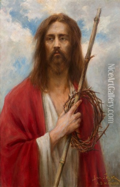 Chrystus Z Trzcina I Korona Cierniowa W Reku Oil Painting - Jan Styka