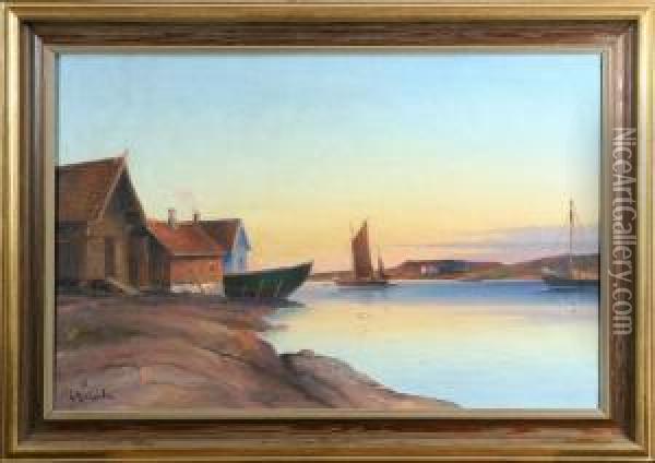 Brygga Med Sjobod Och Segelbat Oil Painting - Otto Ludvig Richarde