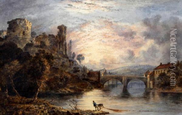 Castle Ruins By A River And Bridge Oil Painting - Edward Tucker