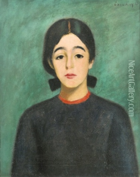 Girl With Bow In A Green Room Oil Painting - Dezsoe Czigany