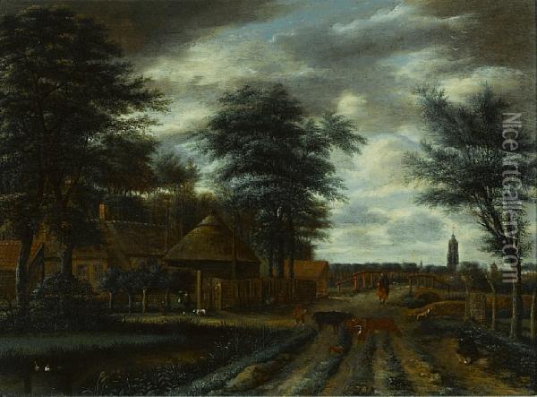A Country Lane With A Farm And Figures And Cattle In The Foreground Oil Painting - Pieter Jansz. van Asch