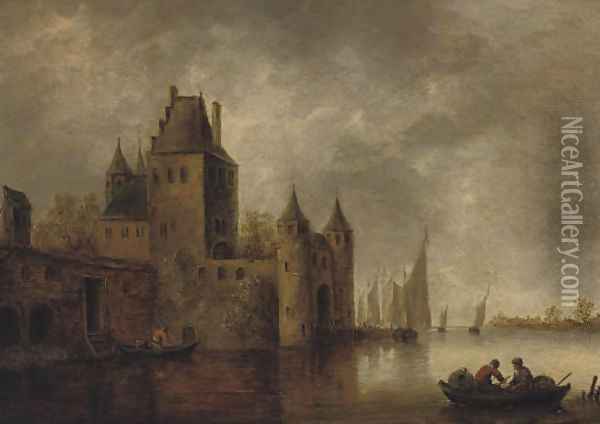 A river landscape with a city gate, shipping nearby Oil Painting - Wouter Knijff