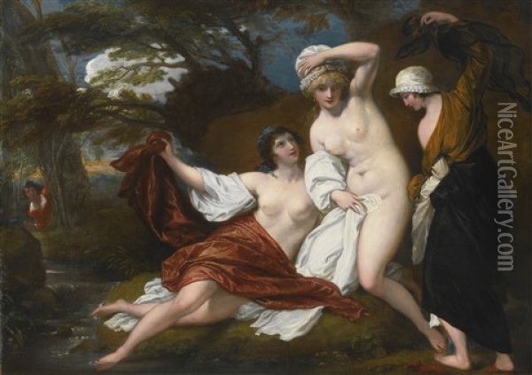 Musidora And Her Two Companions, Sacharissa And Amoret, At Their Bath Espied By Damon Oil Painting - Benjamin West