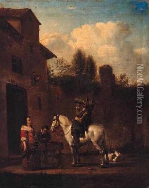 A Horseman Taking Refreshment In A Courtyard Oil Painting - Pieter Wouwermans or Wouwerman