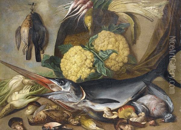 A Swordfish With Dead Birds And Mushrooms On A Table-top Before A Basket Filled With Cauliflowers And Other Vegetables Oil Painting - Nicolas Henry Jeaurat De Bertry