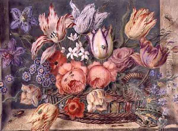 Flowers in a Basket with Frogs and Insects 1634 Oil Painting - Jacob Marrel