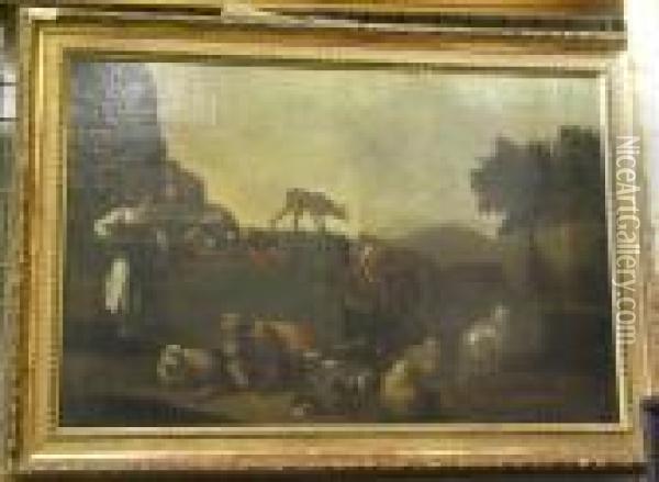 Landskap Med Figurer Och Boskap. Oil Painting - Nicolaes Berchem