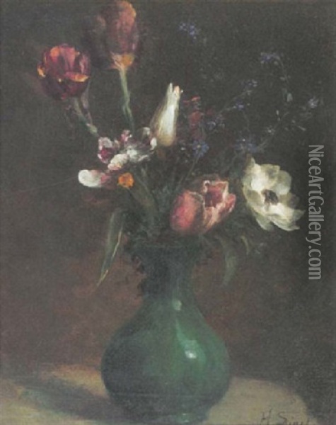 Tilpen, Anemonen Und  Vergismeinnicht In Gruner Vase Oil Painting - Andre Sinet