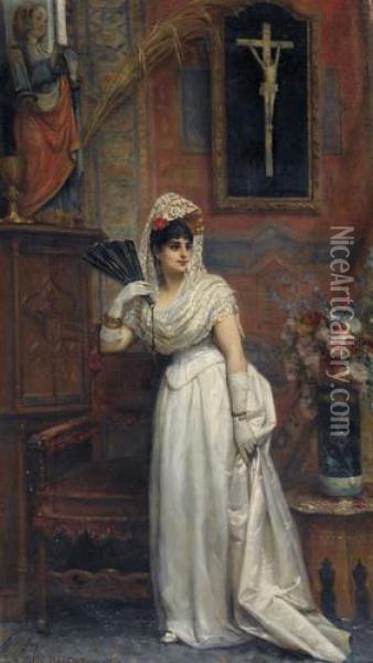 Spanisches Interieur Mit Eleganter Dame Oil Painting - Felix Joseph Barrias