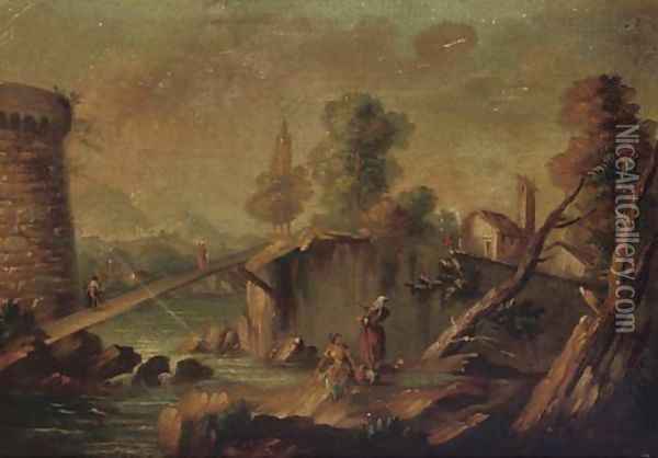 Washerwomen near a bridge, a fortress beyond Oil Painting - Marco Ricci