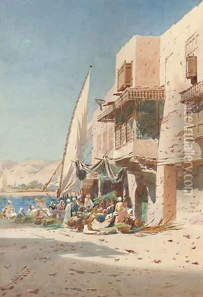 Arabs on a sunlit street before a mosque Oil Painting - Augustus Osborne Lamplough