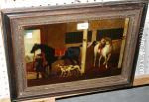 Horses And Hounds In A Stableinterior Oil Painting - Thomas, Tom Seymour