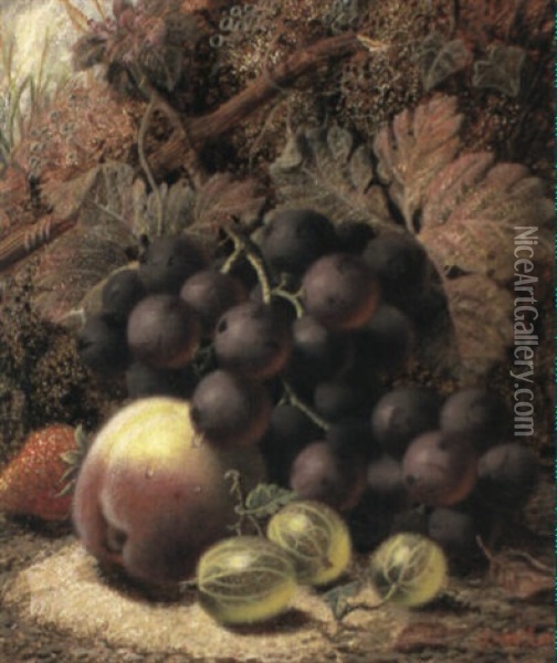 A Peach, Strawberries, Gooseberries And Grapes On A Mossy Bank Oil Painting - Oliver Clare