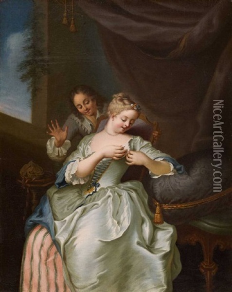 Sitzende Junge Frau Und Ihr Verehrer Oil Painting - Gabriel (Gaspard) Gresly