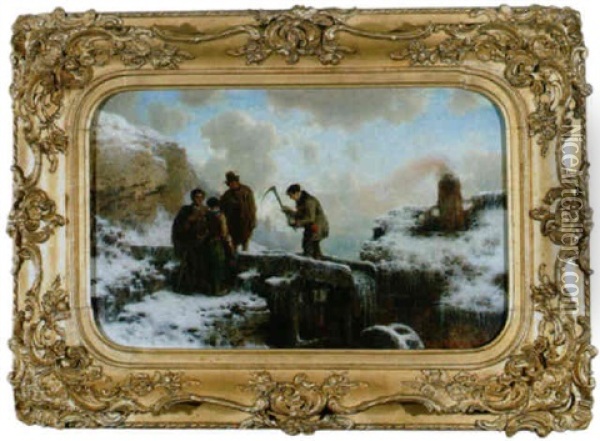 Winterlandschaft Mit Vereister Wassermuhle Oil Painting - August Richard Zimmermann