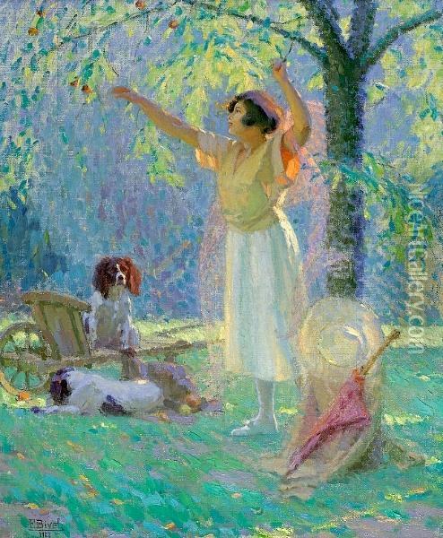 A Woman In A Park With Her Dogs Oil Painting - Fernand Bivel