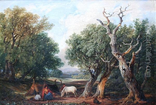A Travellers Encampment In A Forest, Possibly Windsor Oil Painting - James Stark